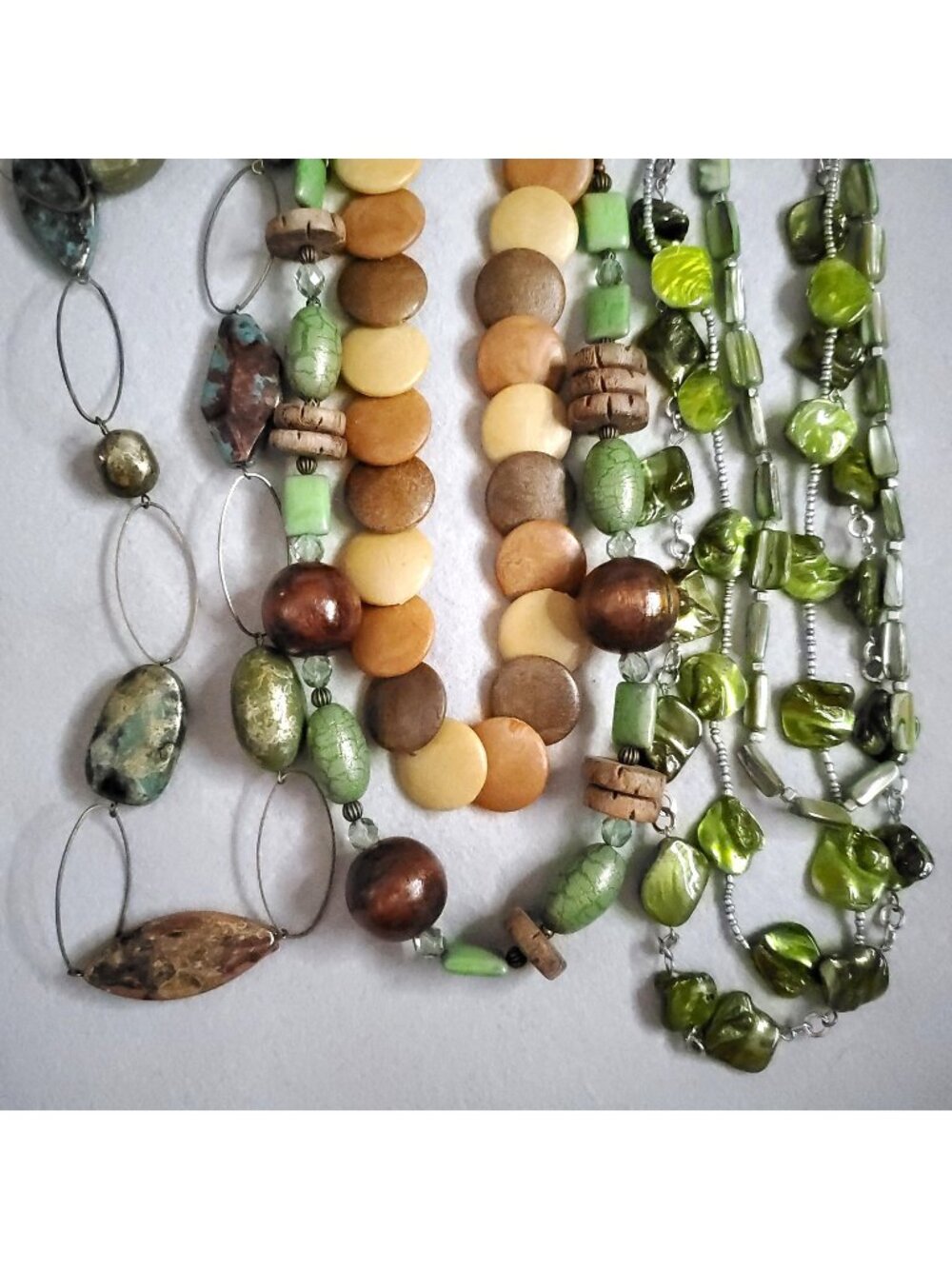 Beaded Necklace Lot of 4 Green Brown Wood Shell Stone Boho 18-31"